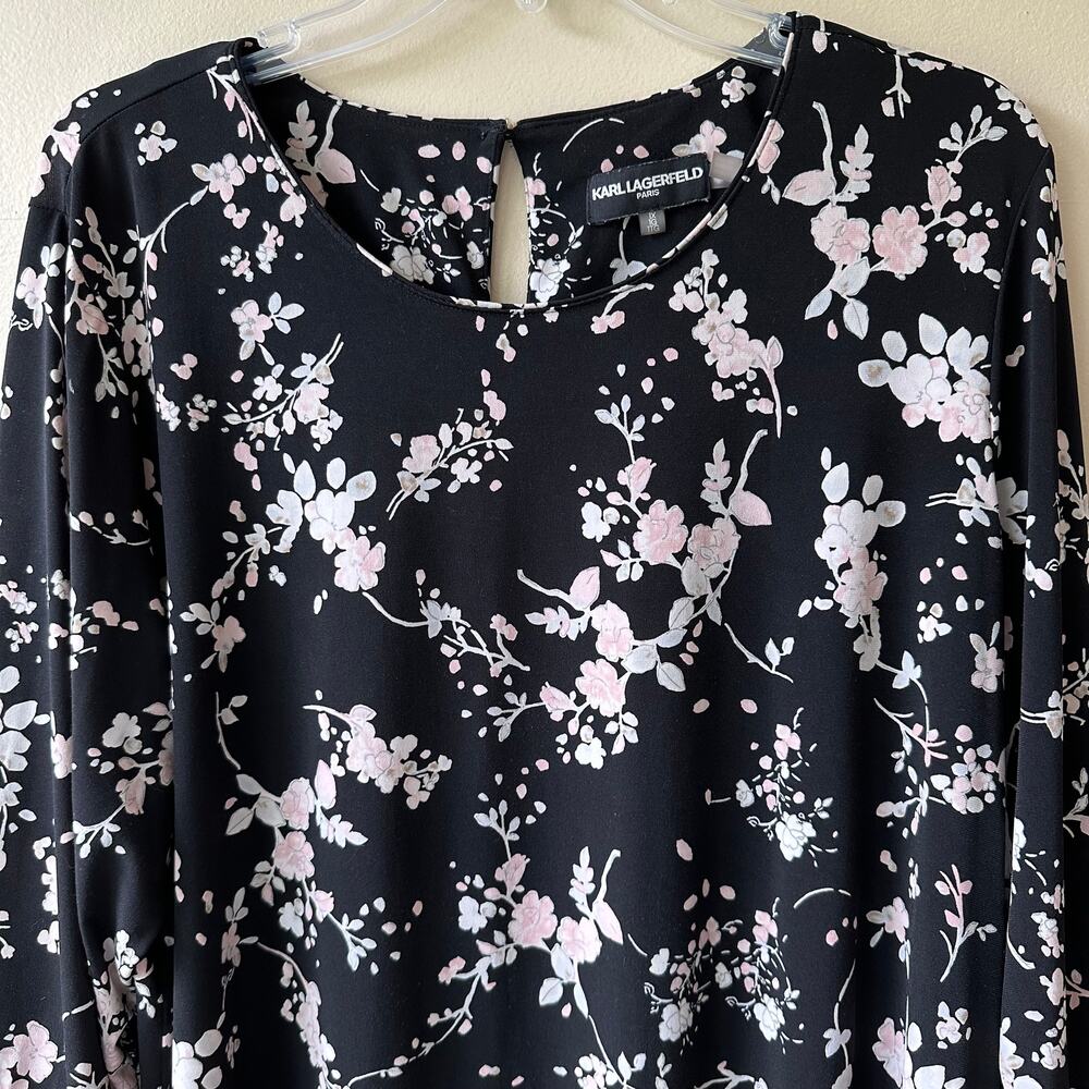 Karl Lagerfeld Yessie Floral Blouse Top Trumpet Flutter Sleeve Black 1X Fairy - Picture 5 of 13
